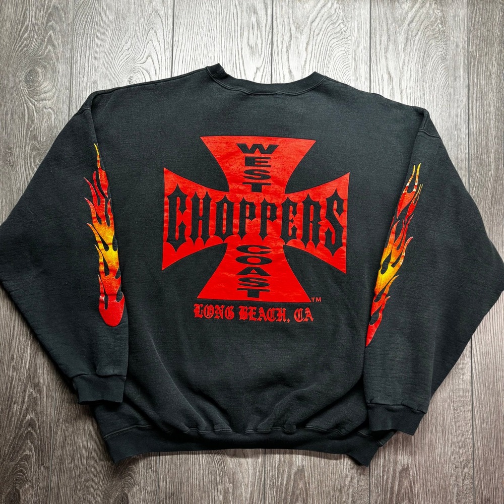 Vintage West Coast Choppers Sweatshirt Hanes Black Flame Sleeve Boxy Large CA